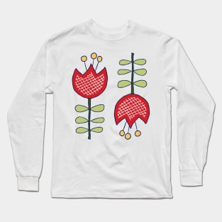 Red retro tulips on blue, seamless pattern Long Sleeve T-Shirt